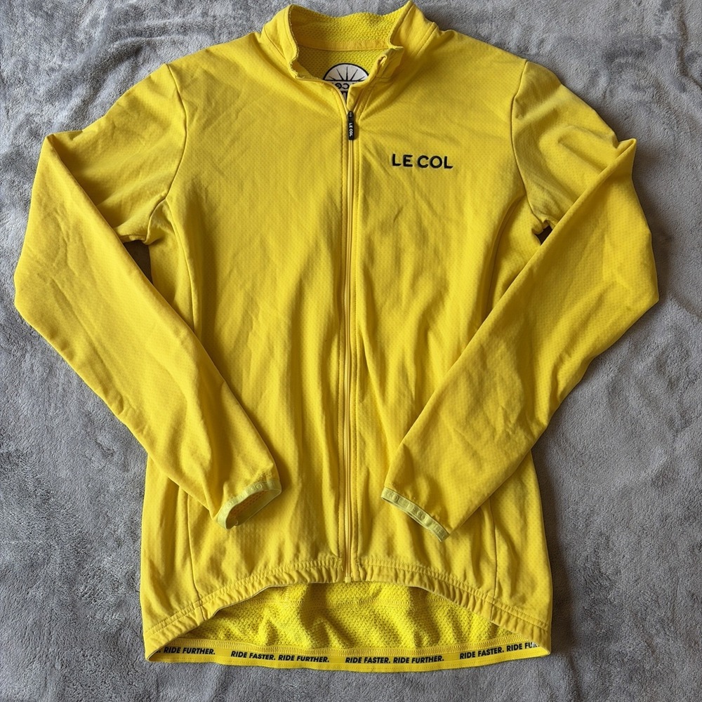 Le Col Cycling Ride Jersey Shirt XL Yellow Long Sleeve Zip Back Pockets Women's